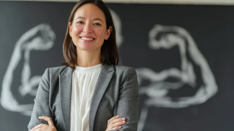 Woman in gray blazer smiling with arms crossed in front of chalkboard with flexing arms drawing