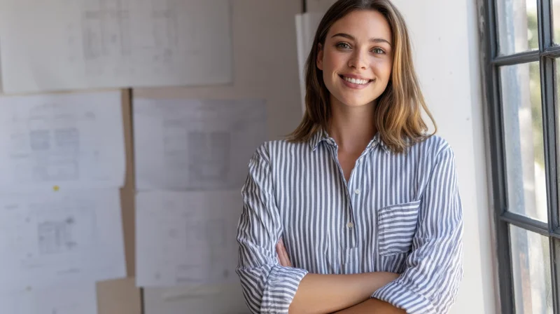 Woman smiling with arms crossed in office near window with blueprints on wall