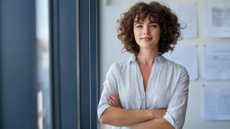 Woman with arms crossed standing in office near window with documents on wall