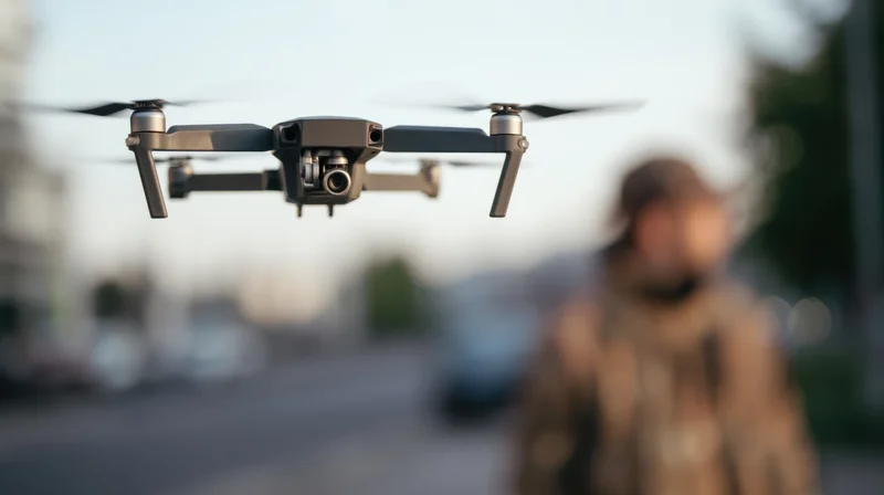 Drone hovering in front of a soldier in urban setting