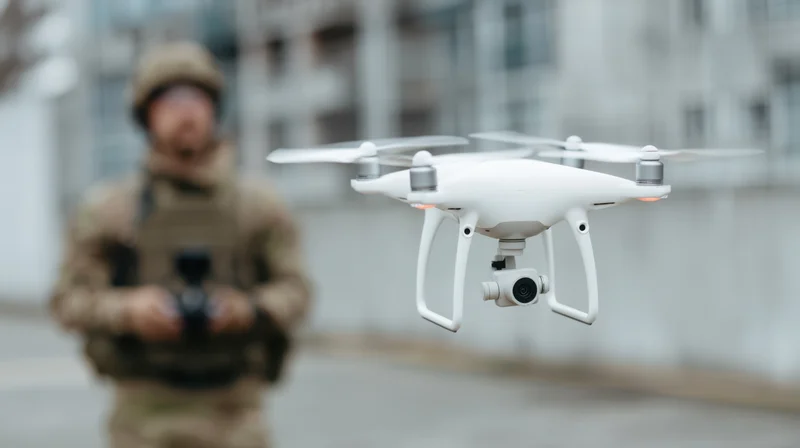White quadcopter drone hovering in front of a soldier in urban environment