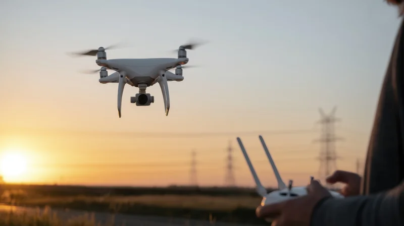 Drone hovering in sky at sunset with operator holding remote control in field