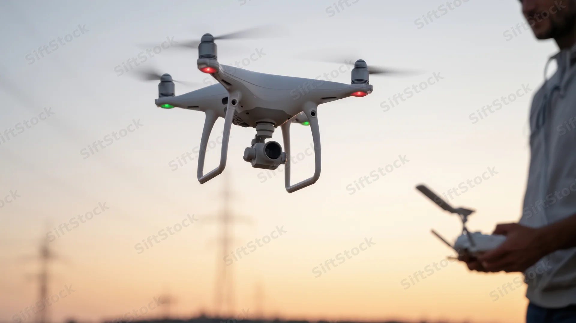 Man operating a quadcopter drone with camera gimbal hovering in twilight sky