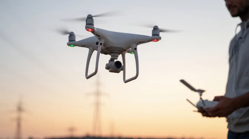 Man operating a quadcopter drone with camera gimbal hovering in twilight sky