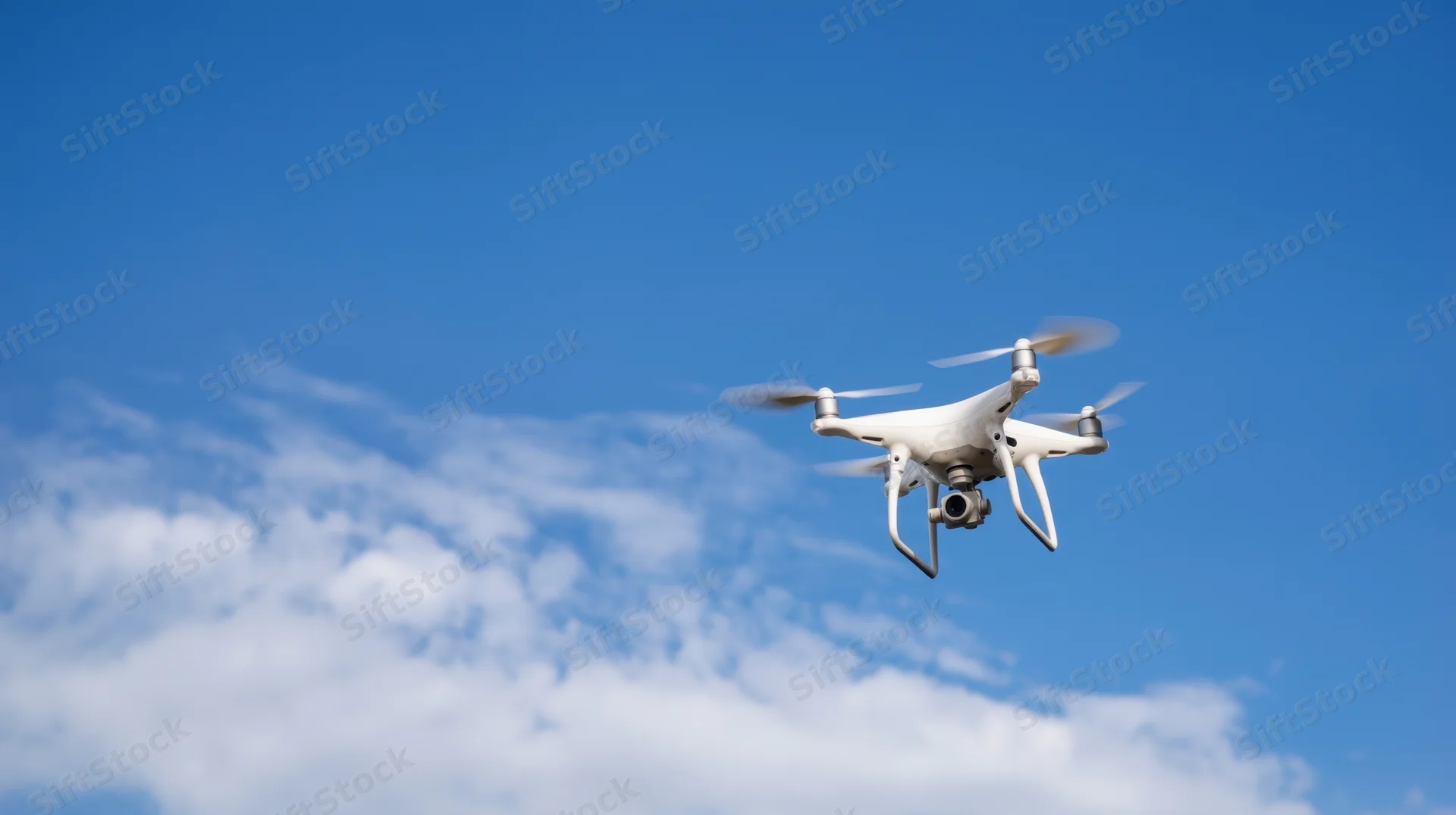 White quadcopter drone hovering in blue sky with scattered clouds