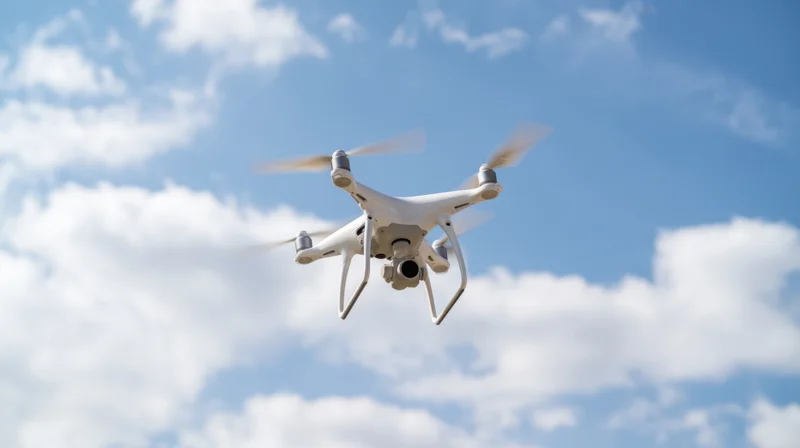 White quadcopter drone hovering in sky with clouds and camera attached