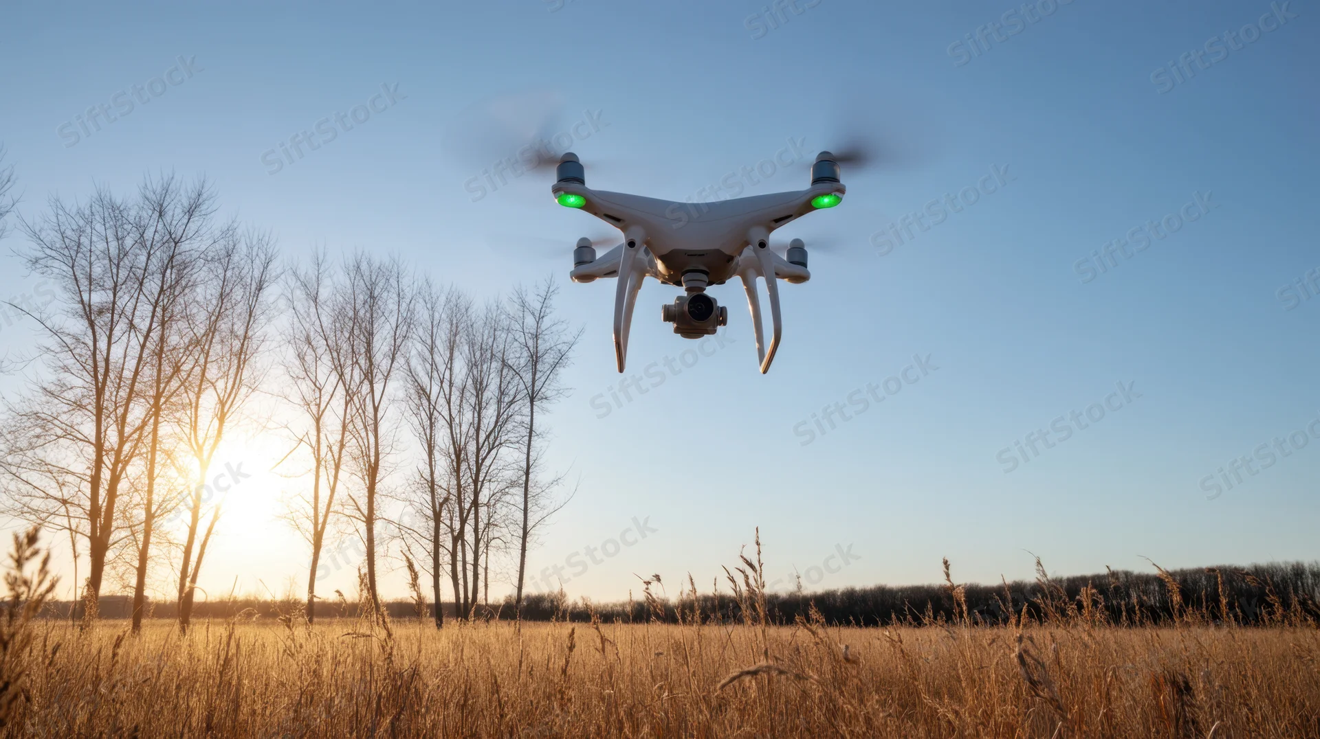 White quadcopter drone hovering over a grassy field at sunset with bare trees in the background