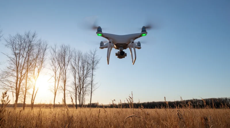 White quadcopter drone hovering over a grassy field at sunset with bare trees in the background
