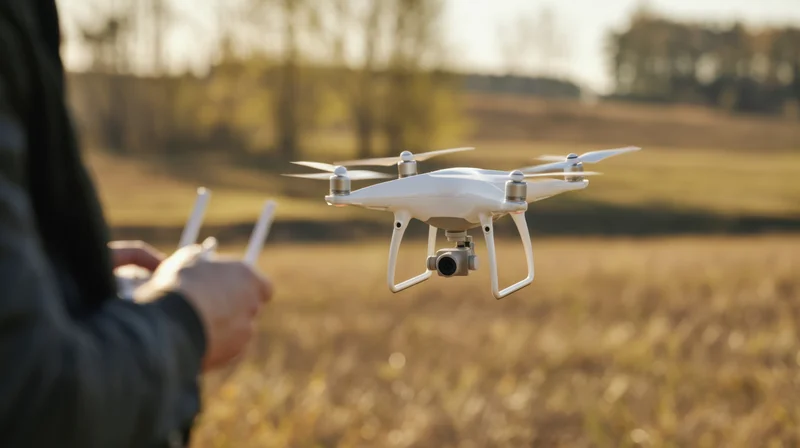 White quadcopter drone hovering over a grassy field while being operated by a person holding a remote control
