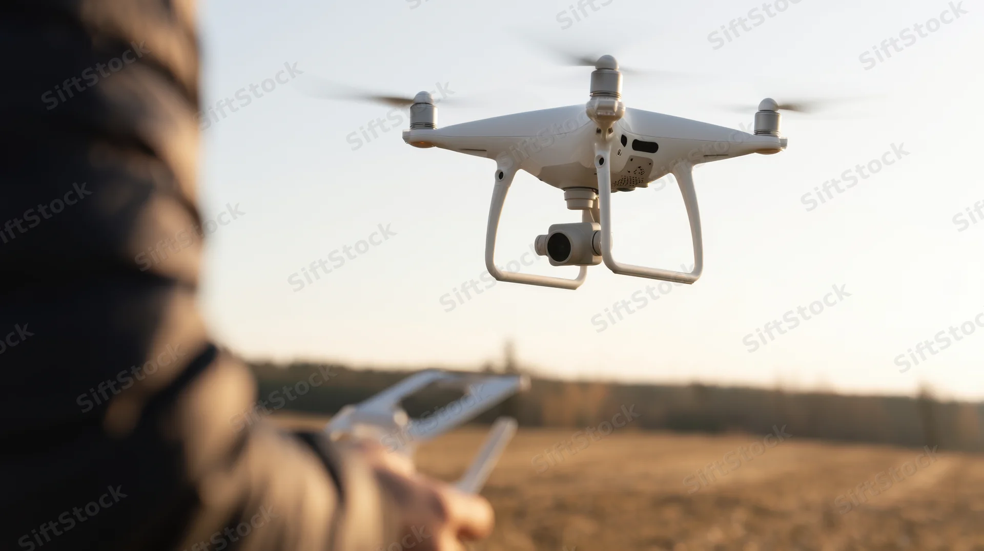 White quadcopter drone hovering in field at sunset, operated by person holding remote controller