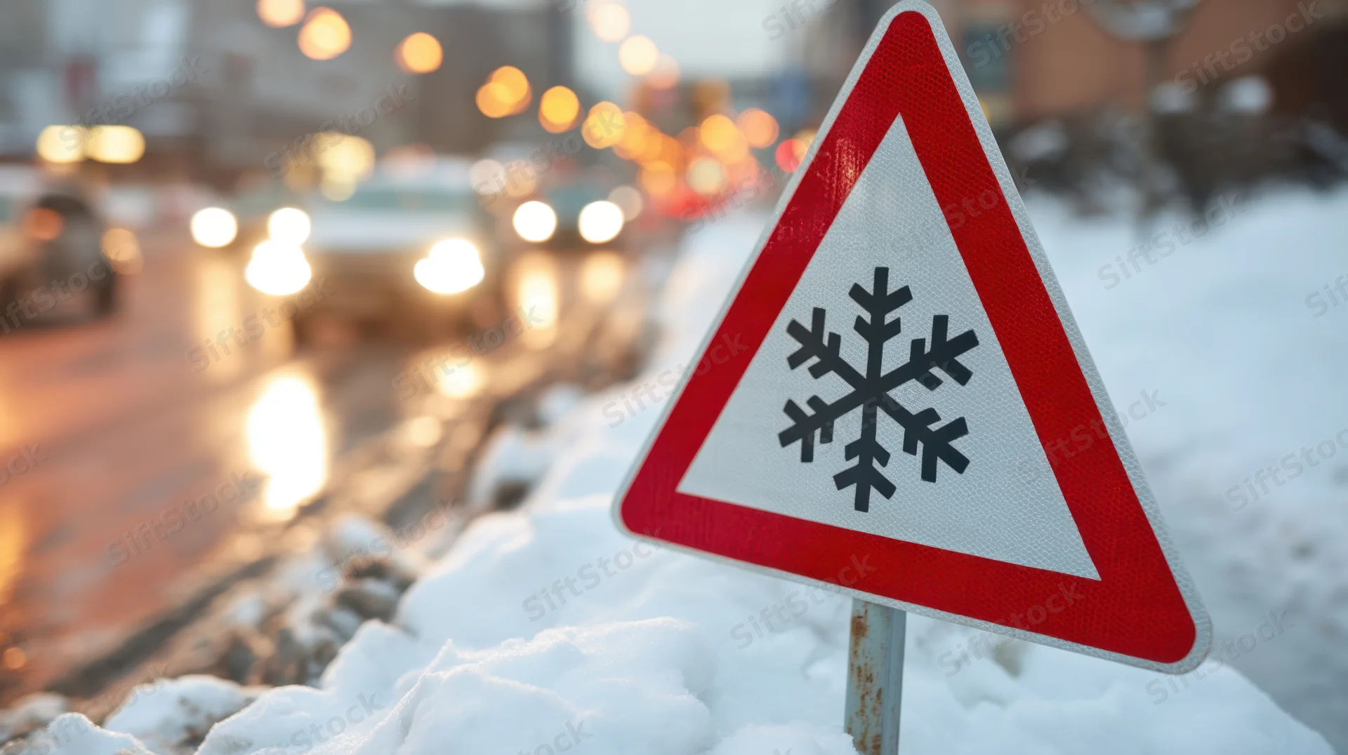Triangular warning sign with snowflake symbol on snowy roadside at night near traffic