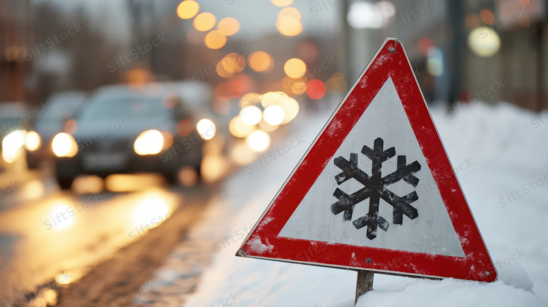 Triangular warning sign with snowflake symbol on snowy road at evening with blurred vehicles in background