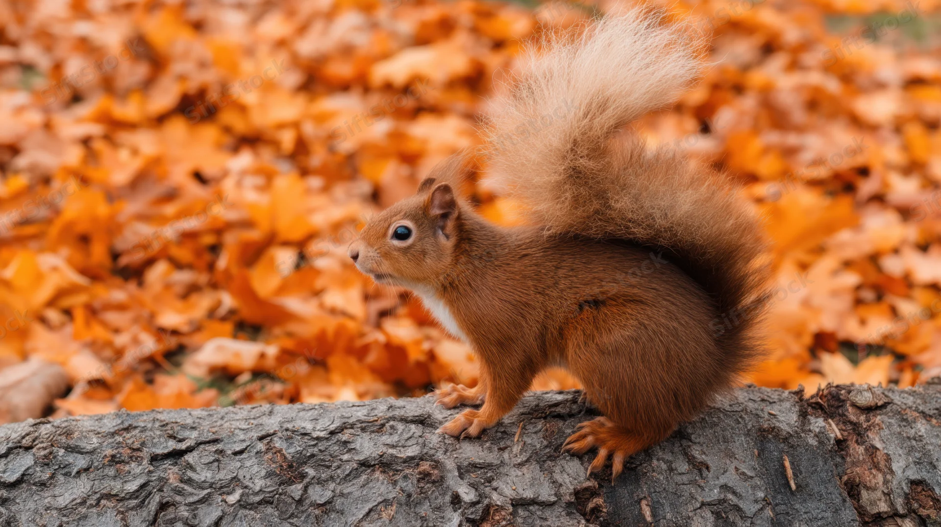 Red squirrel perched on a tree log surrounded by fallen autumn leaves