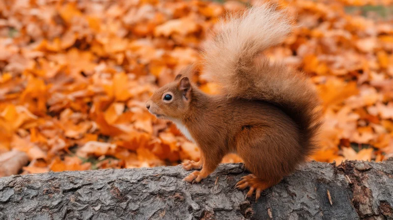 Red squirrel perched on a tree log surrounded by fallen autumn leaves