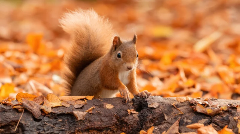 Red squirrel perched on a log among fallen autumn leaves in a forest setting