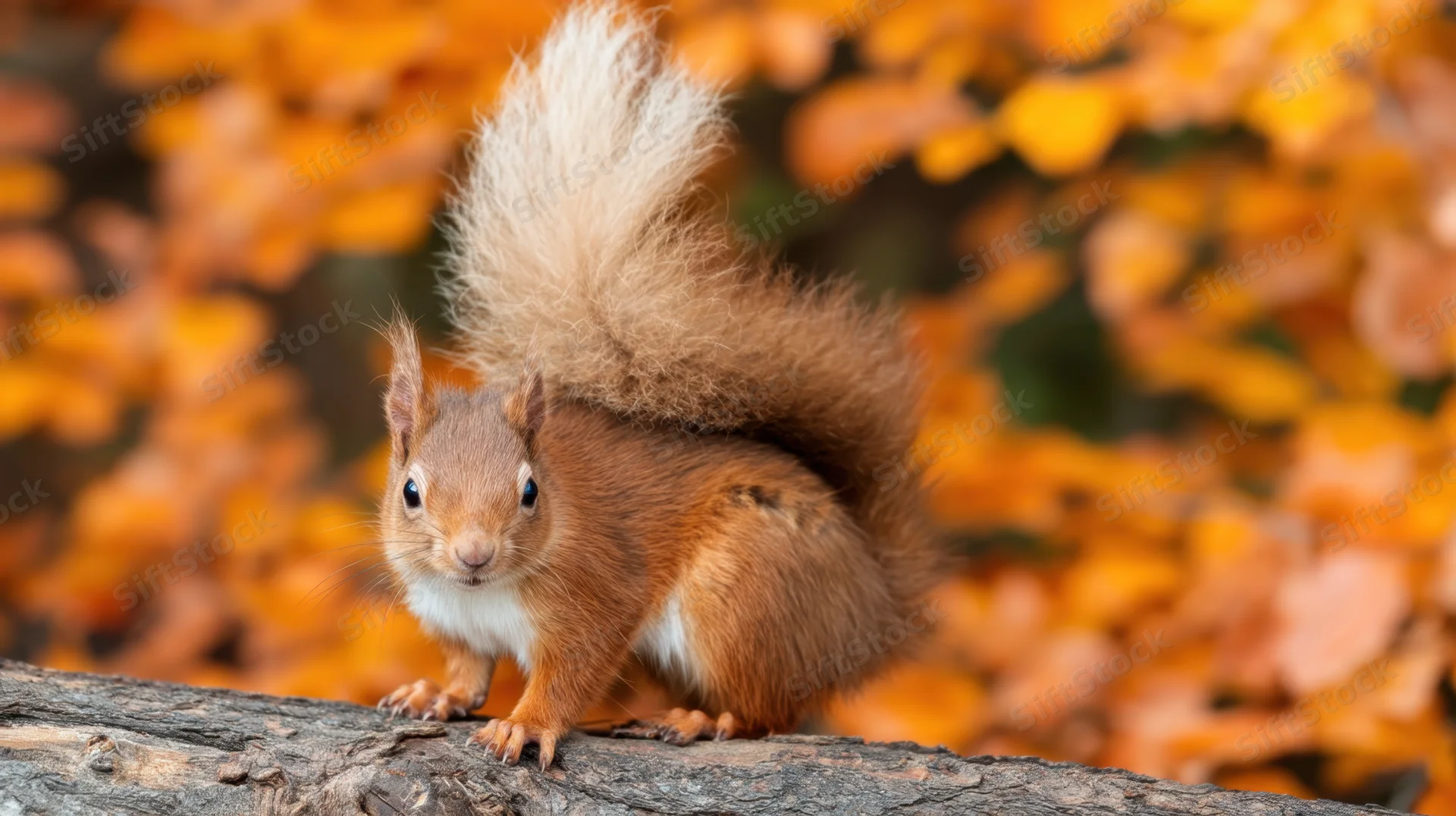 Red squirrel perched on a tree log in autumn forest