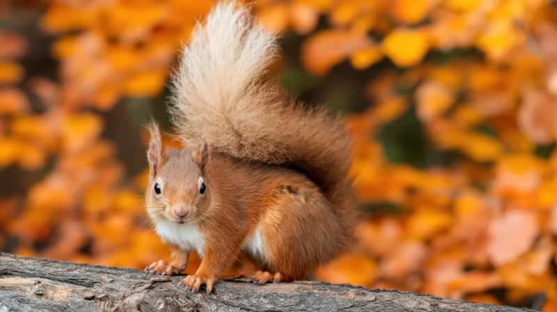 Red squirrel perched on a tree log in autumn forest