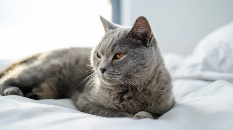 Gray british shorthair cat resting on white bedding in a sunlit bedroom