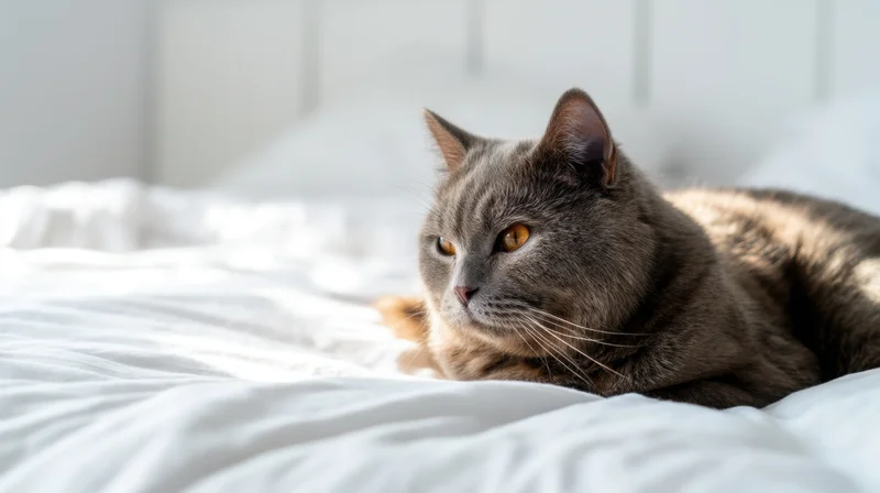 Gray british shorthair cat lying on white bedding in a bedroom