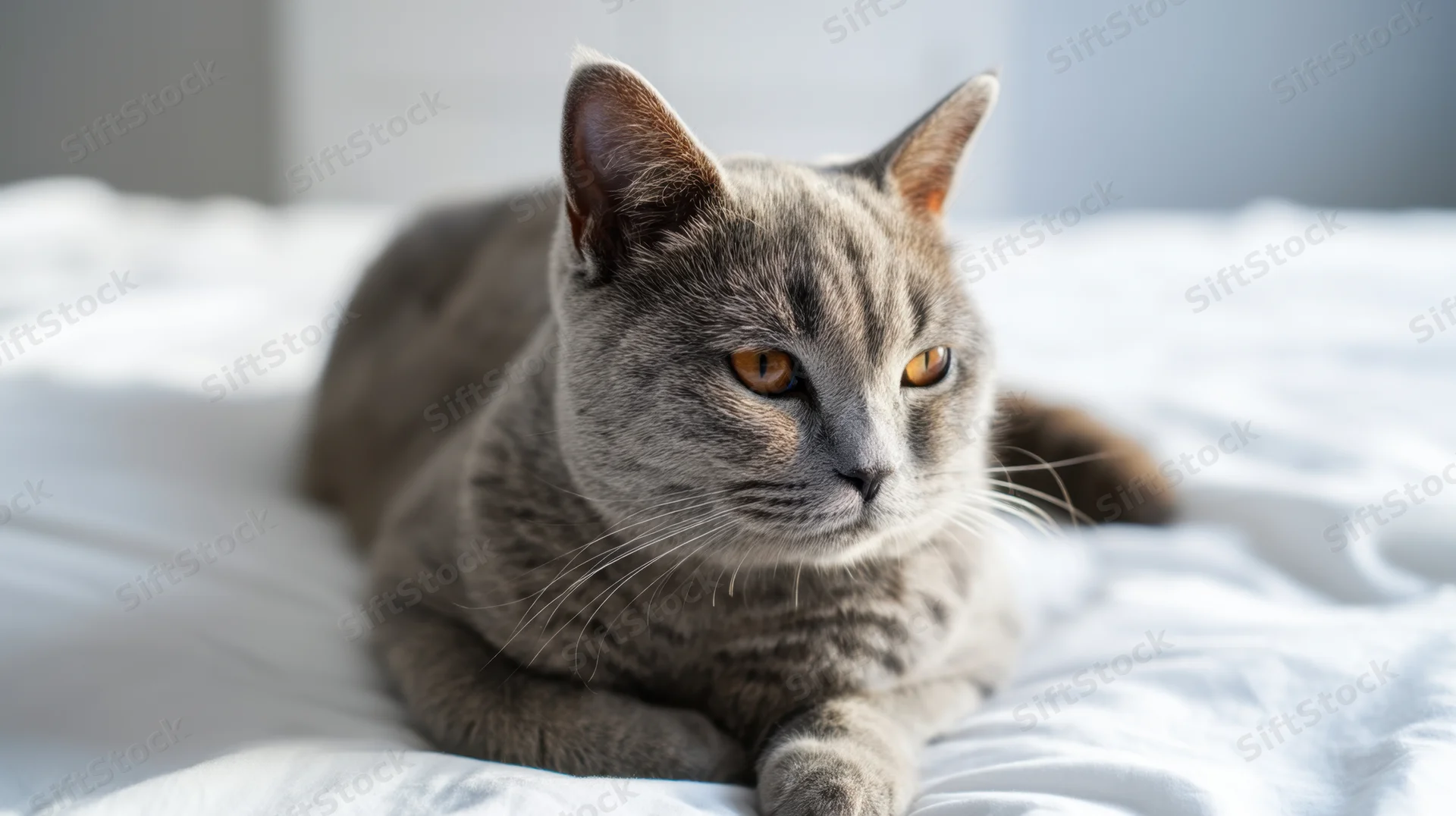 Gray british shorthair cat lying on white bed sheets, alert and calm, indoor home setting