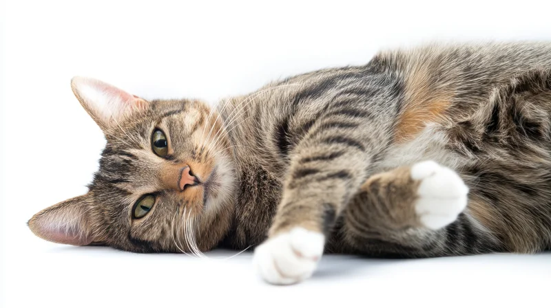 Tabby cat lying on its side with paws up on white background