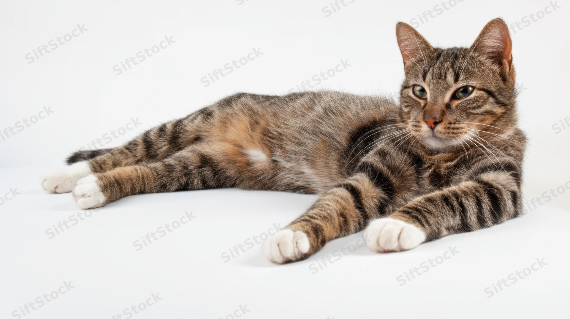 Tabby cat lying relaxed on white background
