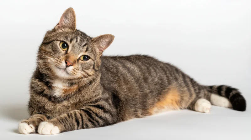 Tabby cat lying on white surface in studio setting