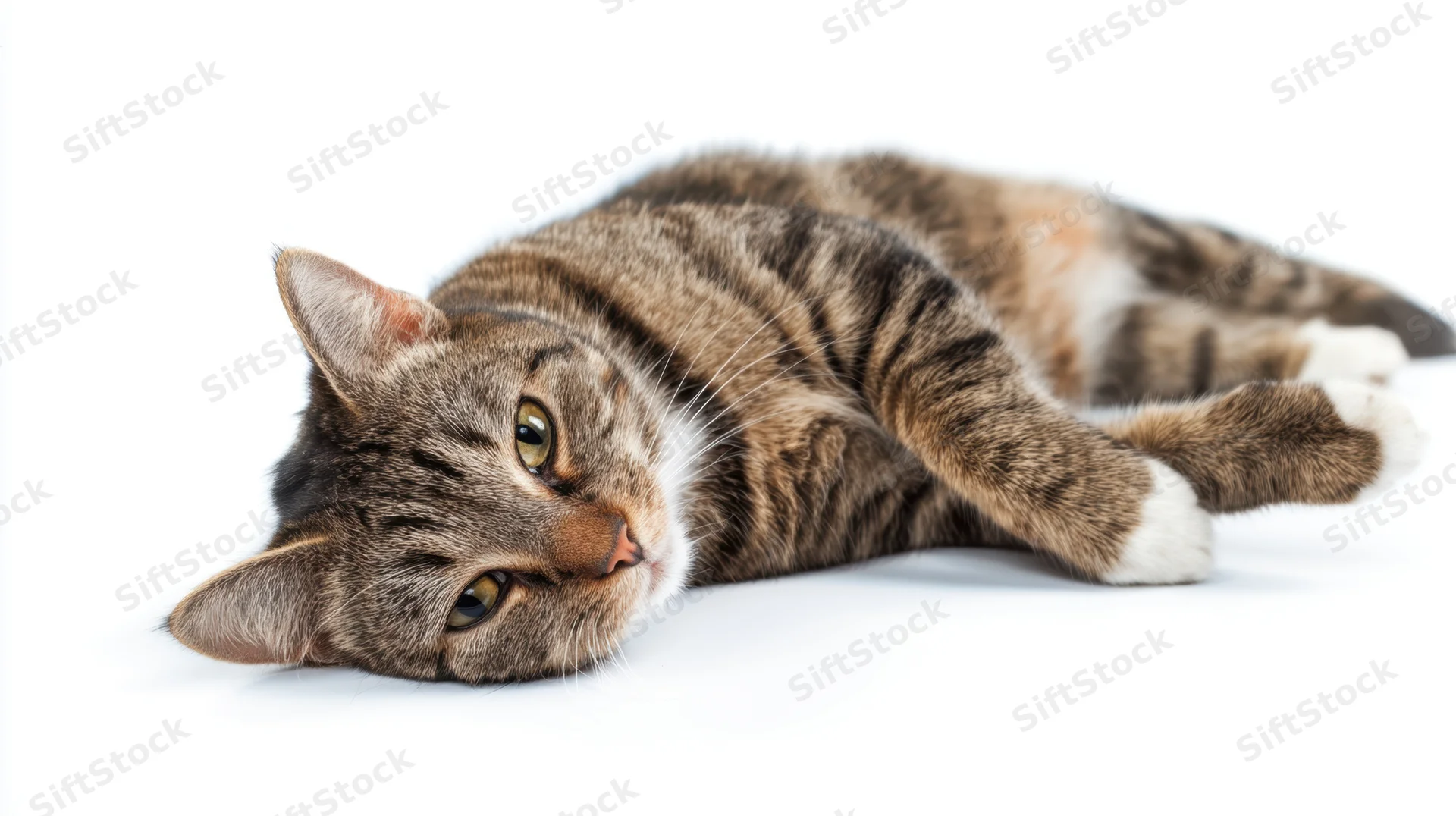 Tabby cat lying relaxed on white background