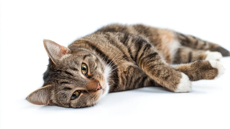 Tabby cat lying relaxed on white background