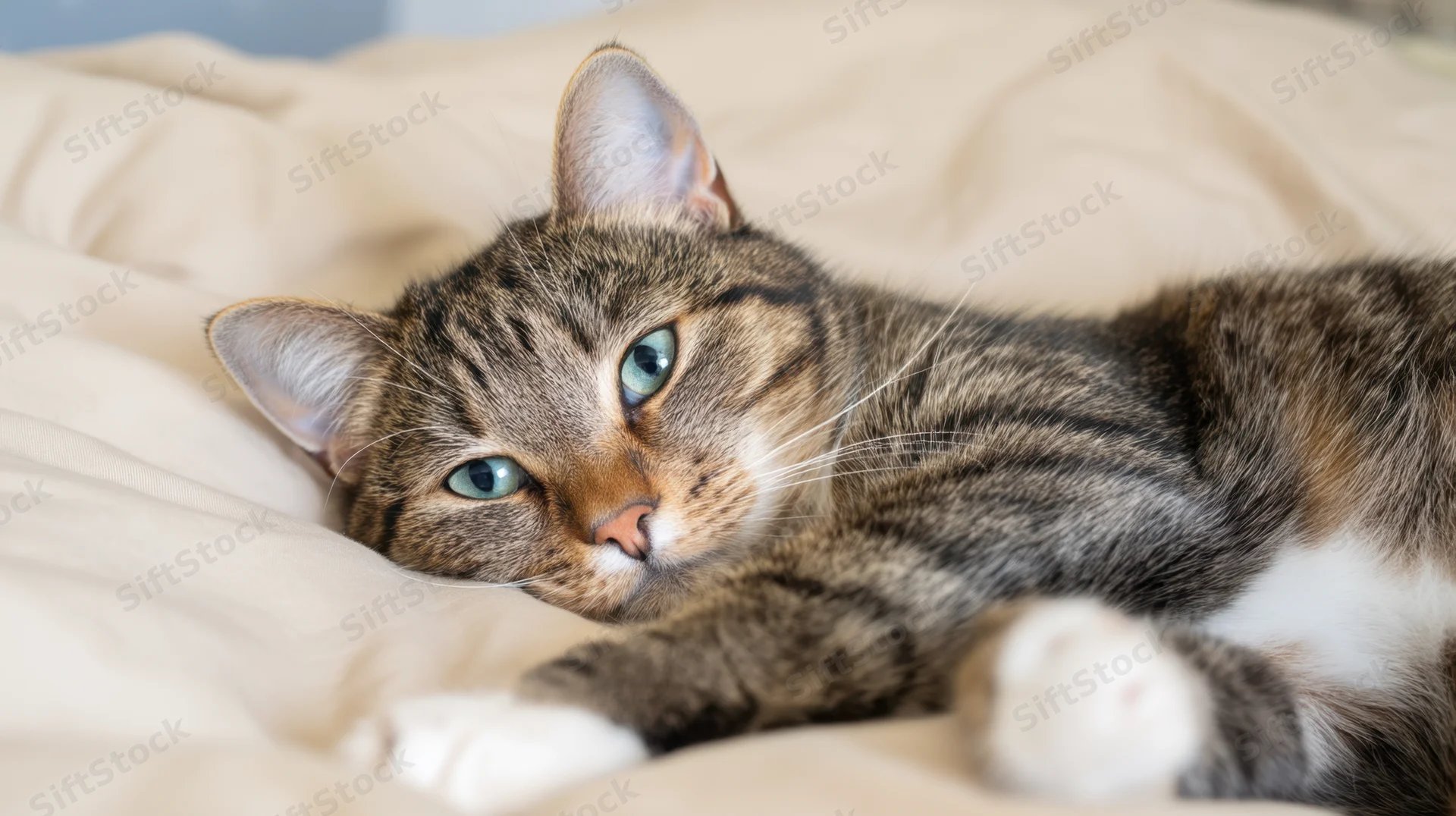 Tabby cat lying on a beige blanket in a relaxed pose