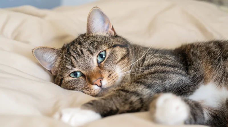 Tabby cat lying on a beige blanket in a relaxed pose