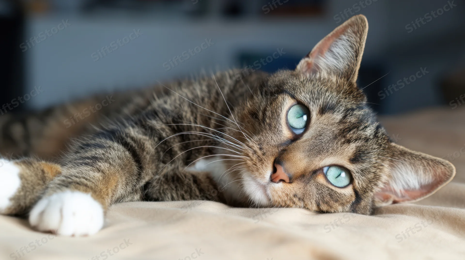 Tabby cat lying on a beige blanket with blue eyes looking alert