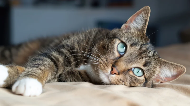 Tabby cat lying on a beige blanket with blue eyes looking alert