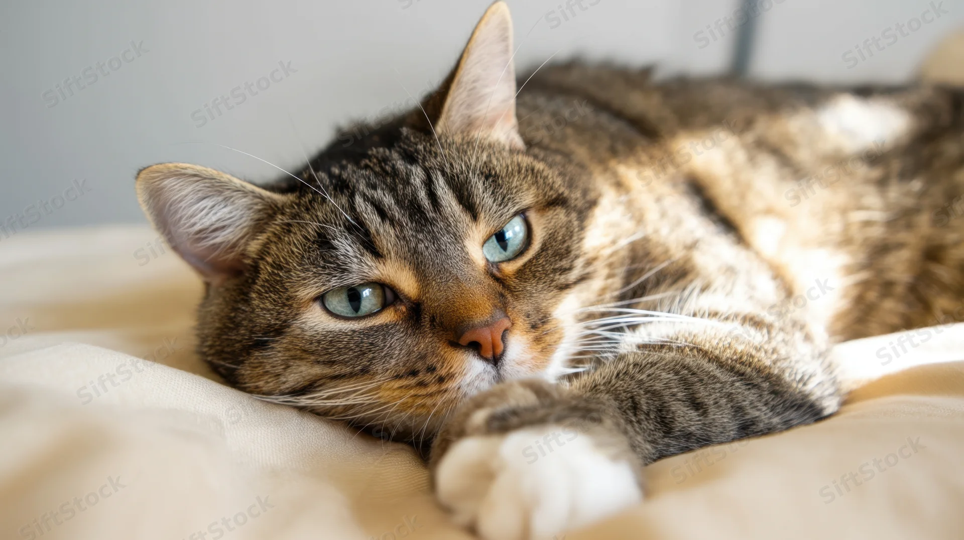 Tabby cat lying on soft bedding with blue eyes looking alertly at camera