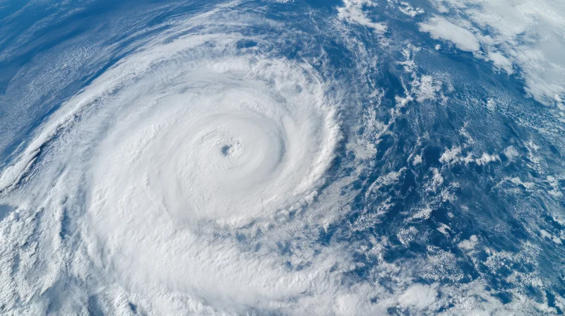 Satellite view of a hurricane swirling over the ocean with a visible eye and spiral cloud pattern