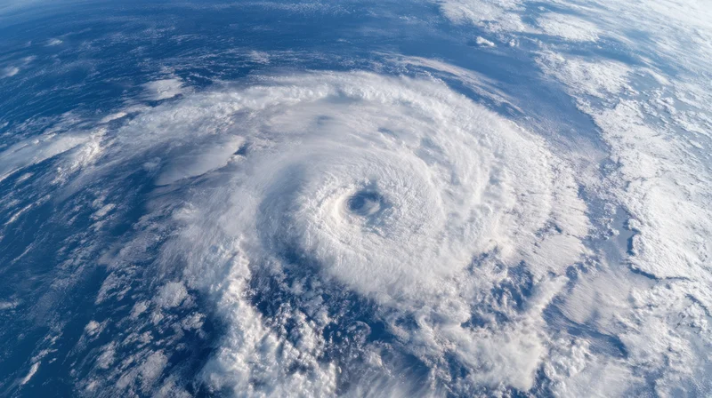 Satellite view of a hurricane over the ocean showing its spiral cloud structure and eye