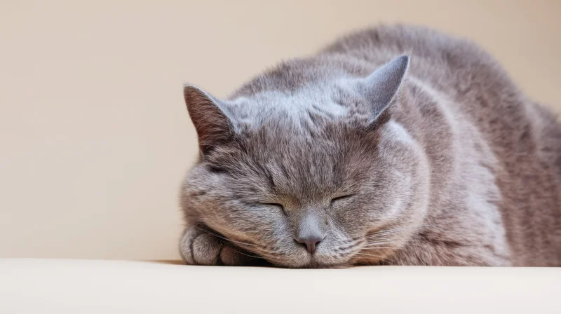 Grey cat sleeping with eyes closed on a soft surface