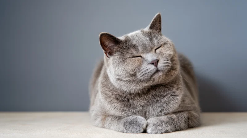 Grey cat resting with eyes closed on a cushioned surface