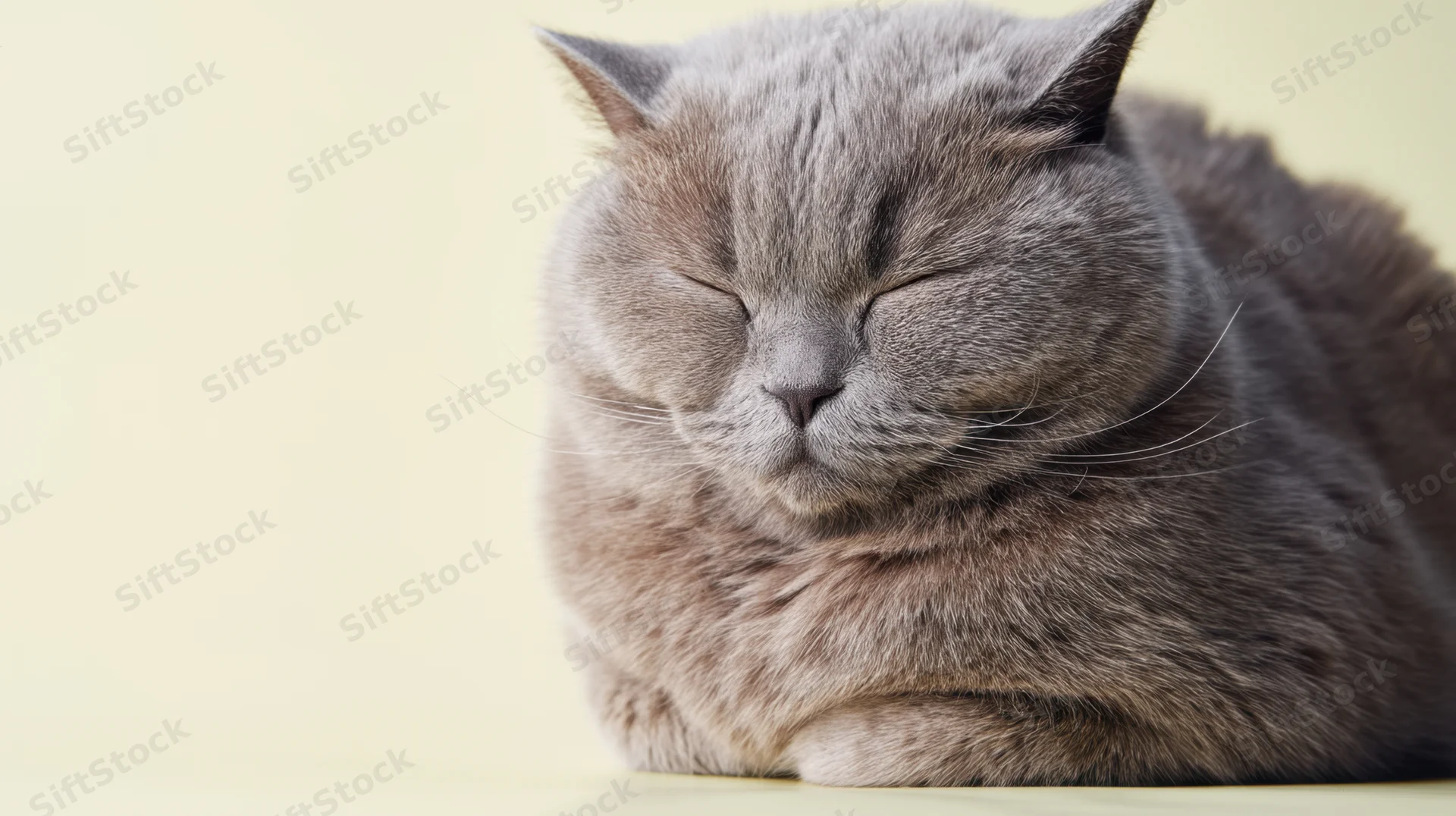 Grey cat sleeping curled up on a light yellow surface with copyspace to the left