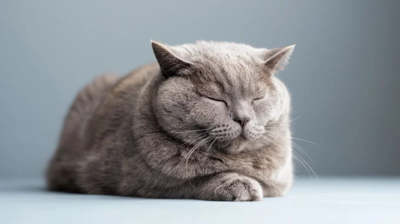 Grey cat sleeping peacefully on a light blue surface in a studio setting