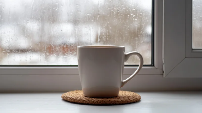 White ceramic mug on woven coaster by rain-streaked window sill