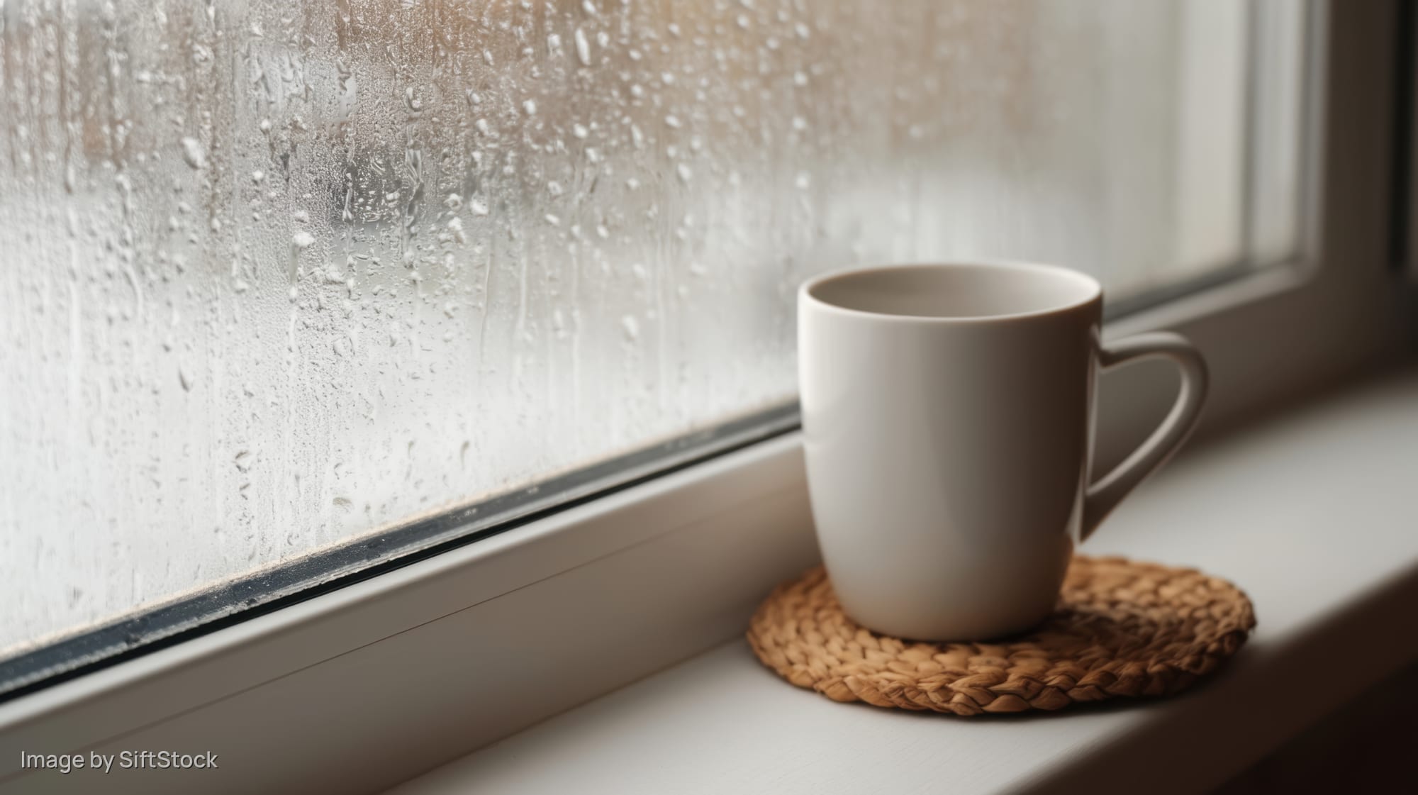 White ceramic mug on woven coaster by rain-streaked window sill