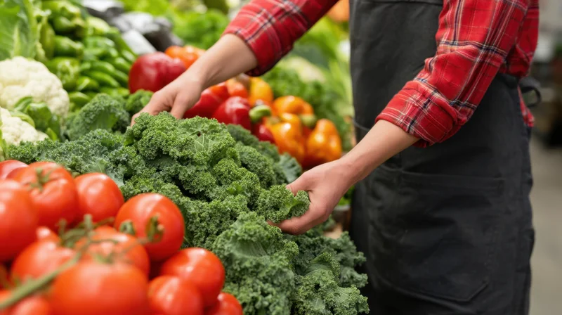 Person arranging kale and tomatoes at a produce market stall