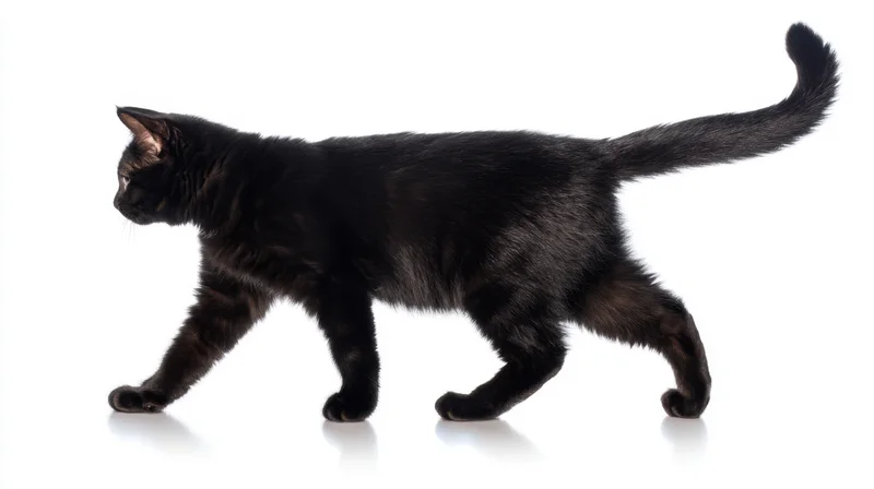 Black cat walking in profile on white background