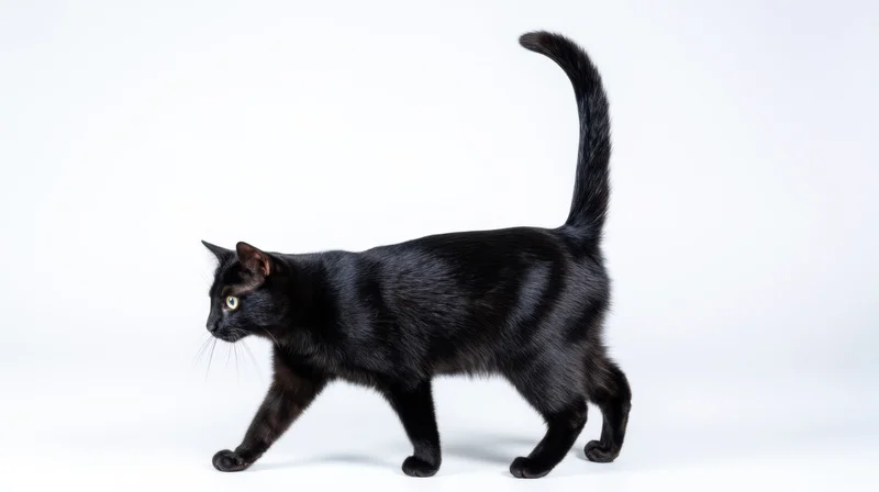 Black cat walking in profile against white background