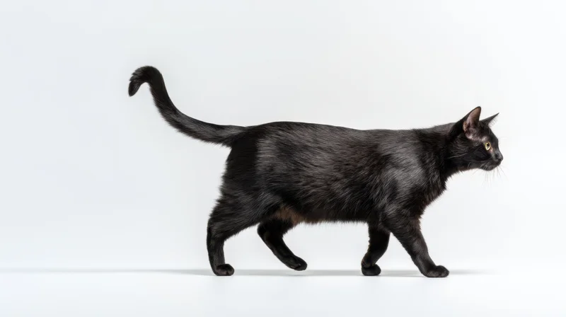 Black cat walking in profile against white background
