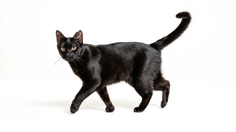 Black cat walking in profile against white background
