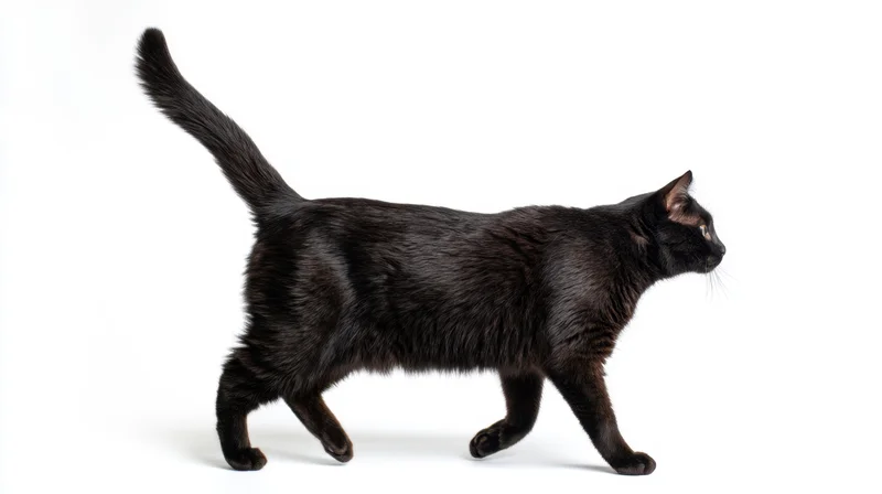 Black cat walking in profile against white background