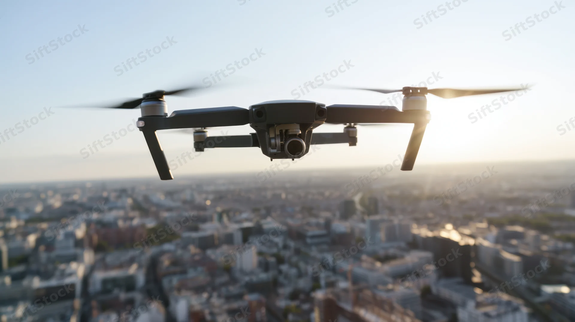 Quadcopter drone flying over cityscape at sunset