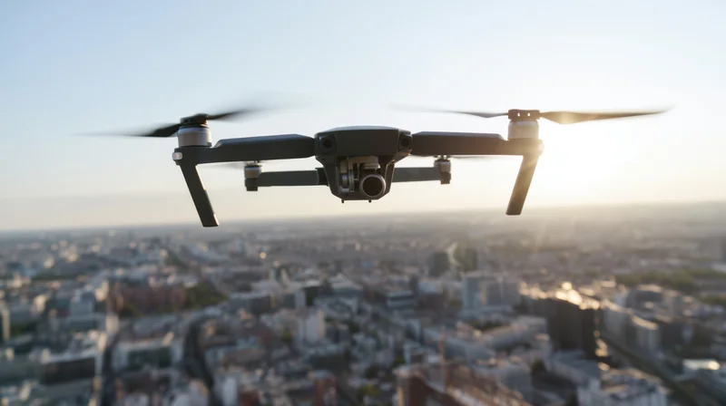 Quadcopter drone flying over cityscape at sunset